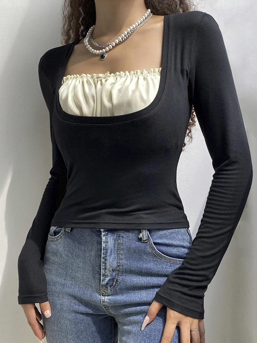 

Кружевная Лоскутная облегающая футболка с длинным рукавом, Женская Осенняя футболка 2022 с V-образным вырезом, имитация двух предметов, Женск...