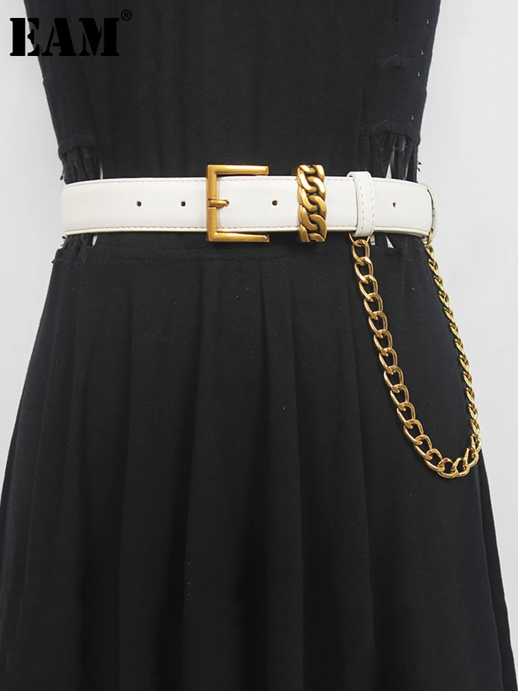 

[EAM] Pu Leather White Metal Chain Long Wide Belt Personality Women New Fashion Tide All-match Spring Autumn 2022 1DE7452