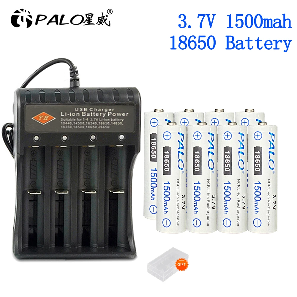 

PALO 18650 Rechargeable Li-ion Battery 3.7V 1500mAh 18650 lithium battery For Flashlight Torch Electric Fan Battery+Charger