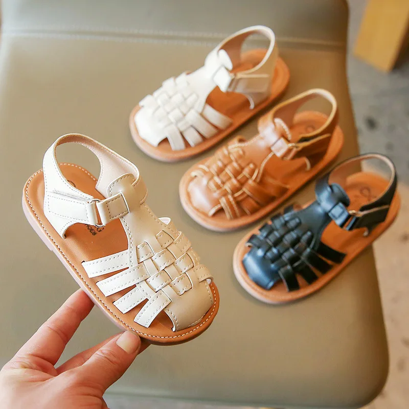 

2023 New Vintange Weave Solid Girl's Sandals Closed Toe Sandals for Girl Kids Baby Flat Girls Sandals Summer Kids Shoes