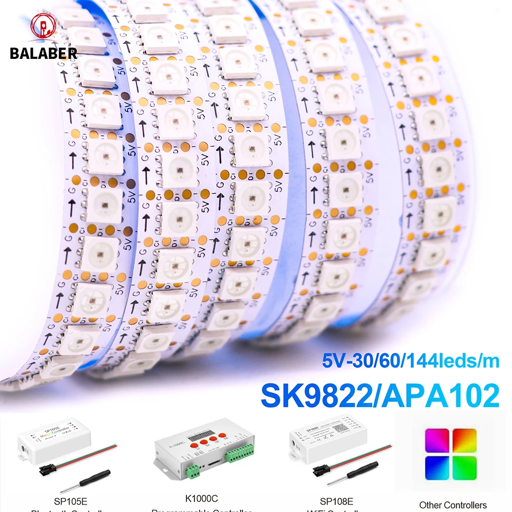 Фото Светодиодная лента SK9822 RGB, аналог APA102, адресная, водонепроницаемая IP30/65/67, с отдельным модулем данных и тактового сигнала, 30/60/144 светодиодов/м, 5В №1