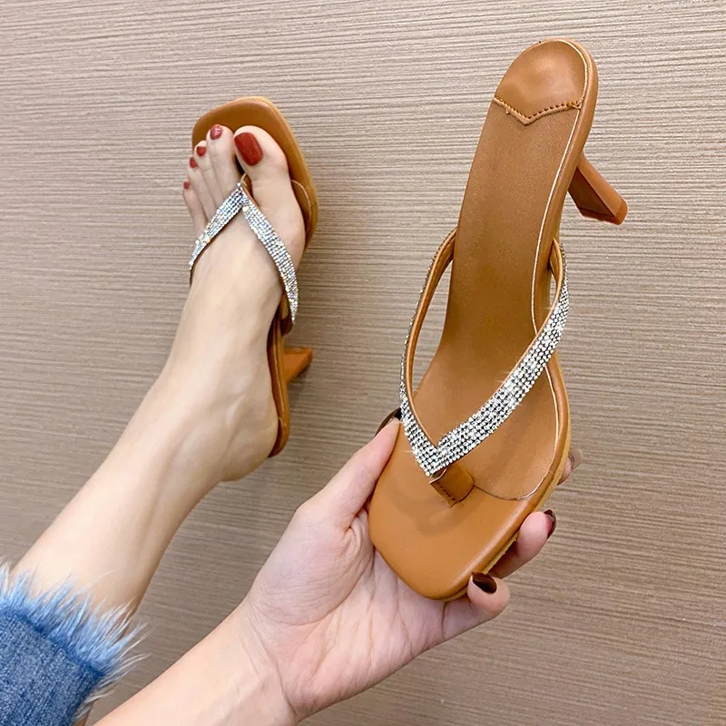 

2022 New High Heels Stiletto Square Toe Solid Color Flip-flops High Heels Women's Sandals Women's Ytmtloy Sapatos Mulhe