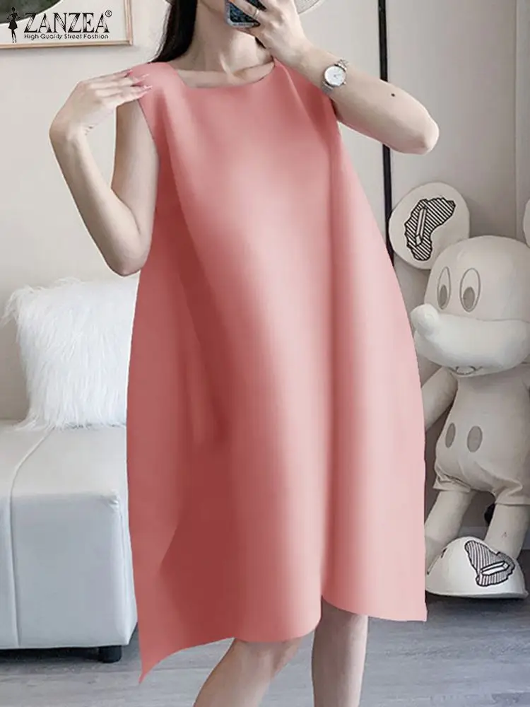 

Модное женское платье ZANZEA с квадратным вырезом, повседневное свободное платье до колена без рукавов, элегантное однотонное платье с асимме...