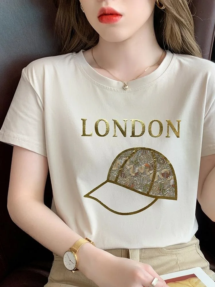 TuangBiang лето 2022 блестящая хлопковая футболка с буквенным принтом лондонская шляпа