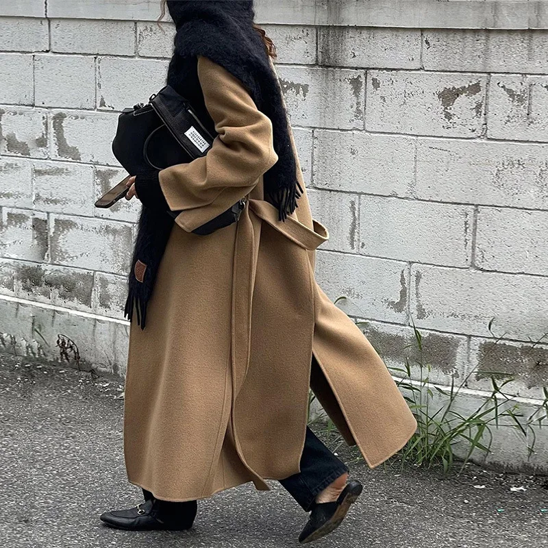 

Korean Classic Handmade Woollen Overcoat Women 2021 Autumn And Winter Double-Sided Long Loose Lacing Belt Black 100% Wool Coat