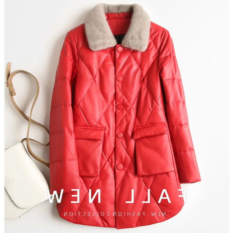 

2023 100% пальто из овчины, женская зимняя пуховая куртка из натуральной кожи, женские кожаные куртки с норковым меховым воротником