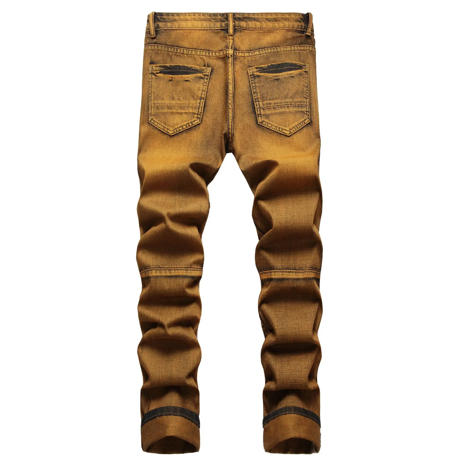 Streetwear Knee Ripped Stretch Jeans for Men Yellow Fashion Destroyed Hole Pants Male Solid Color Casual Denim Trousers 2022 New