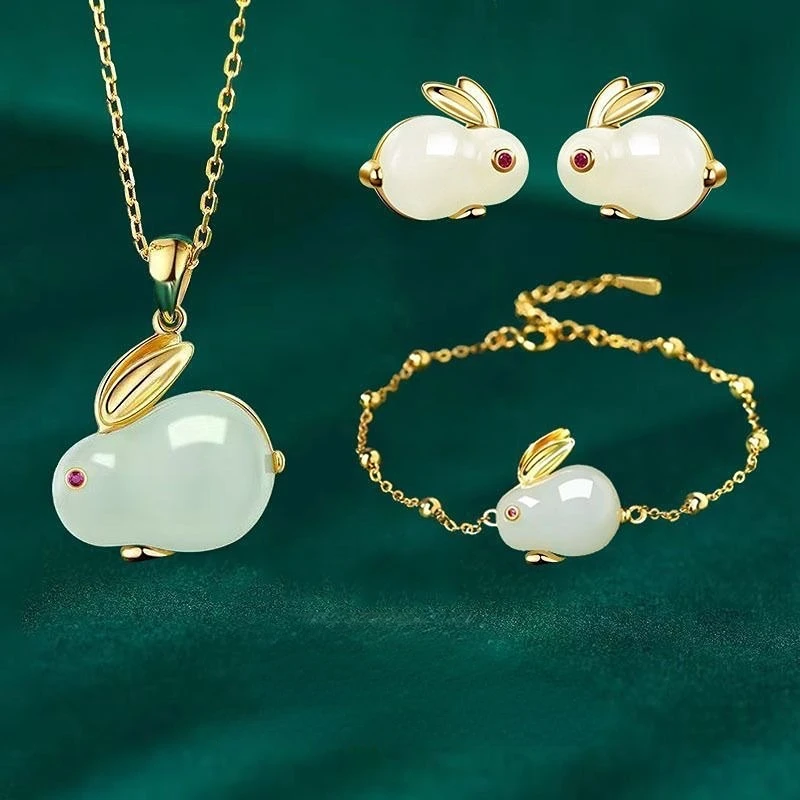 

Chinese Style Lovely Rabbit Necklace Bracelet For Women Girl Festival High Value Gift Tiger Stone Link Chain Bracelet