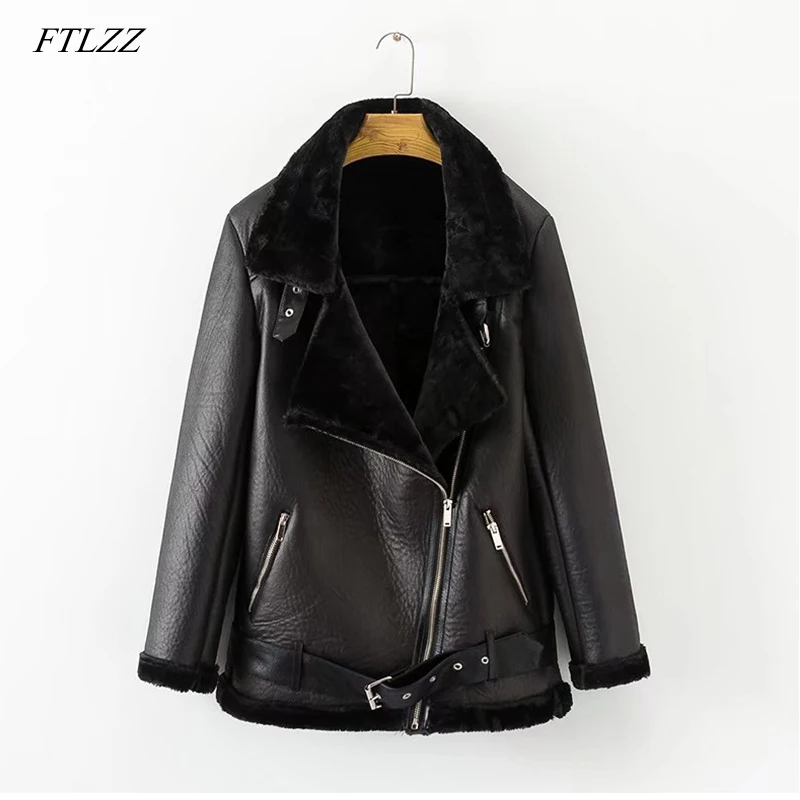 FTLZZ New Spring Winter Women's Pu Leather Street Jacket Casual Warm Zipper Jacket Female Warm Thick Imitation Fur Outwear