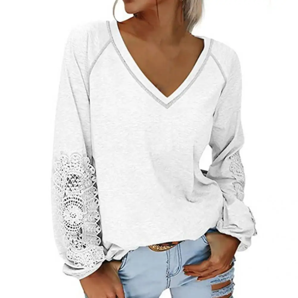 

Classic T-shirt Top Solid Color Lightweight Women Blouse Crochet Lace Decor Lantern Sleeve T-shirt Top