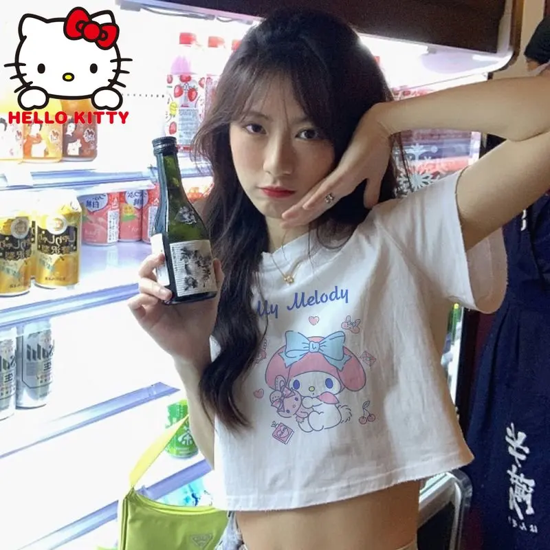 

Sanrio Sexy Crop Tops Short Sleeves T-shirt Kawaii Hello Kitty Women Summer Leaky Navel Short Tees High Street Slim Fit Tank Y2K