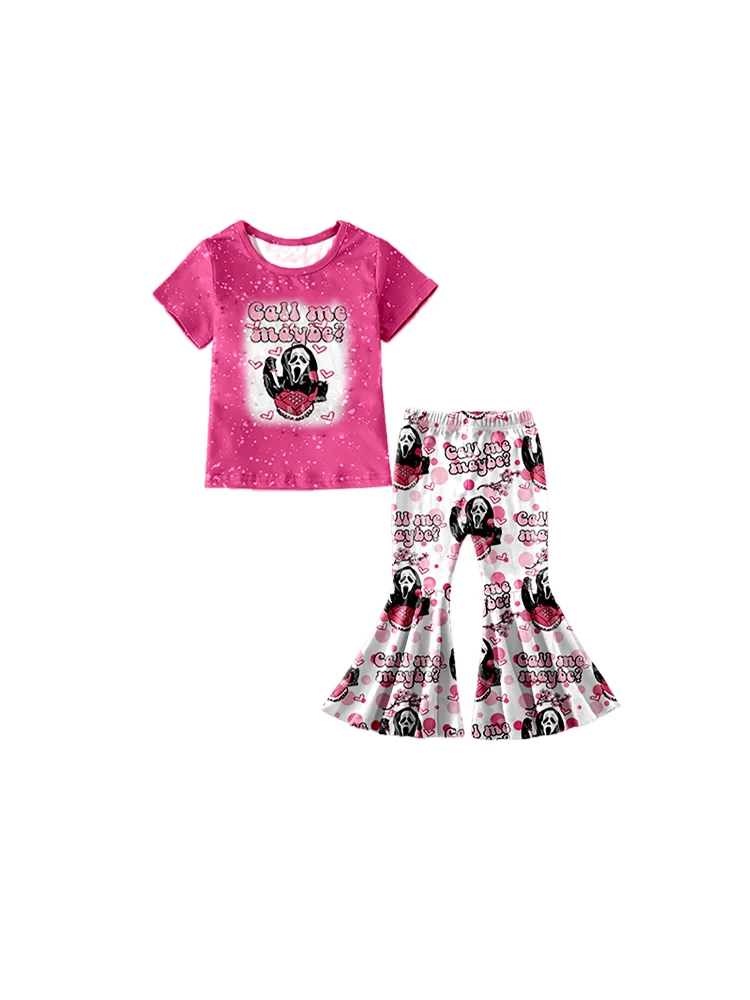 

Children's Clothing Fashionable Round Neck Short-Sleeved Print With Pink Cartoon Flared Pants Suitable Season Summer Age 0-16T