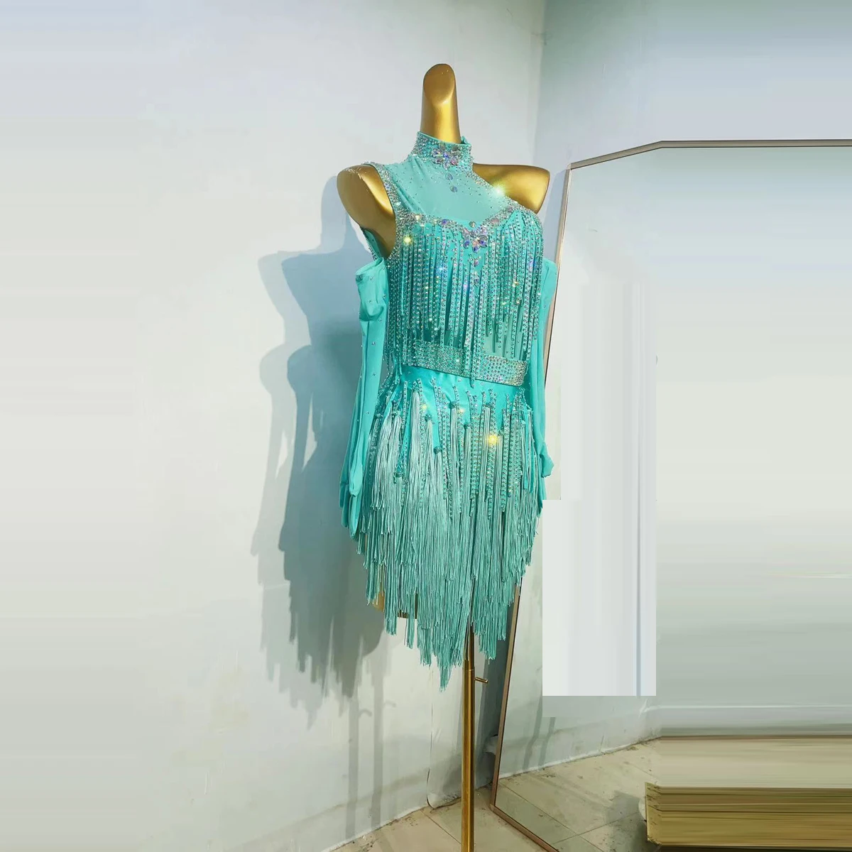 Женское платье для латиноамериканских танцев роскошное цельное со стразами