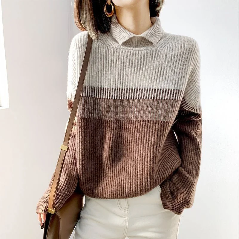 

High Neck Sweater Pullover Women Winter Relaxed Versatile 2023 Popular Slouchy Casual Gradient Contrast Sweater Pullover Female