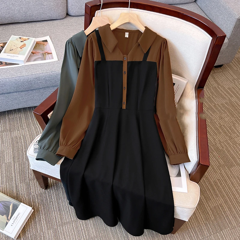 

Spring Autumn Fashion Fake Two-piece Patchwork Women Dress Elegant Loose Turn-down Collar Versatile Office Lady A-Line Frocks
