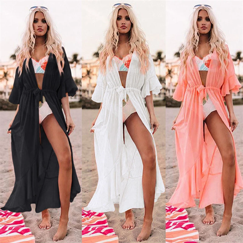 

Summer Dress For Women Cover Up Casual Chiffon Pure Color Beach Sexy Cardigan With Bikini Print Polyester Beachwear Clothing