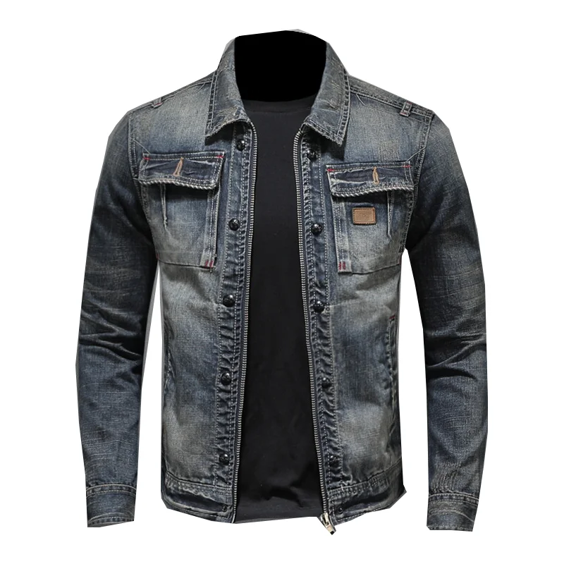 

Мужская джинсовая куртка на молнии, мотоциклетная джинсовая куртка с лацканами в стиле ретро, 2023