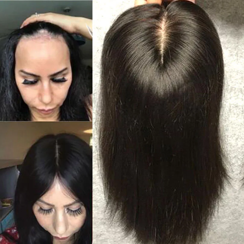 European Hair 16x18 cm Jet Black Skin Base Human Hair Topper With 4 Clips In Silk Top Virgin Toupee for Women Fine Hairpiece