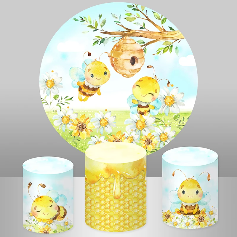 Flowers Cute Bee Theme Round Backdrop Spring Sky Blue Girls Baby Shower Newborn 1st Birthday Party Background Plinth Covers