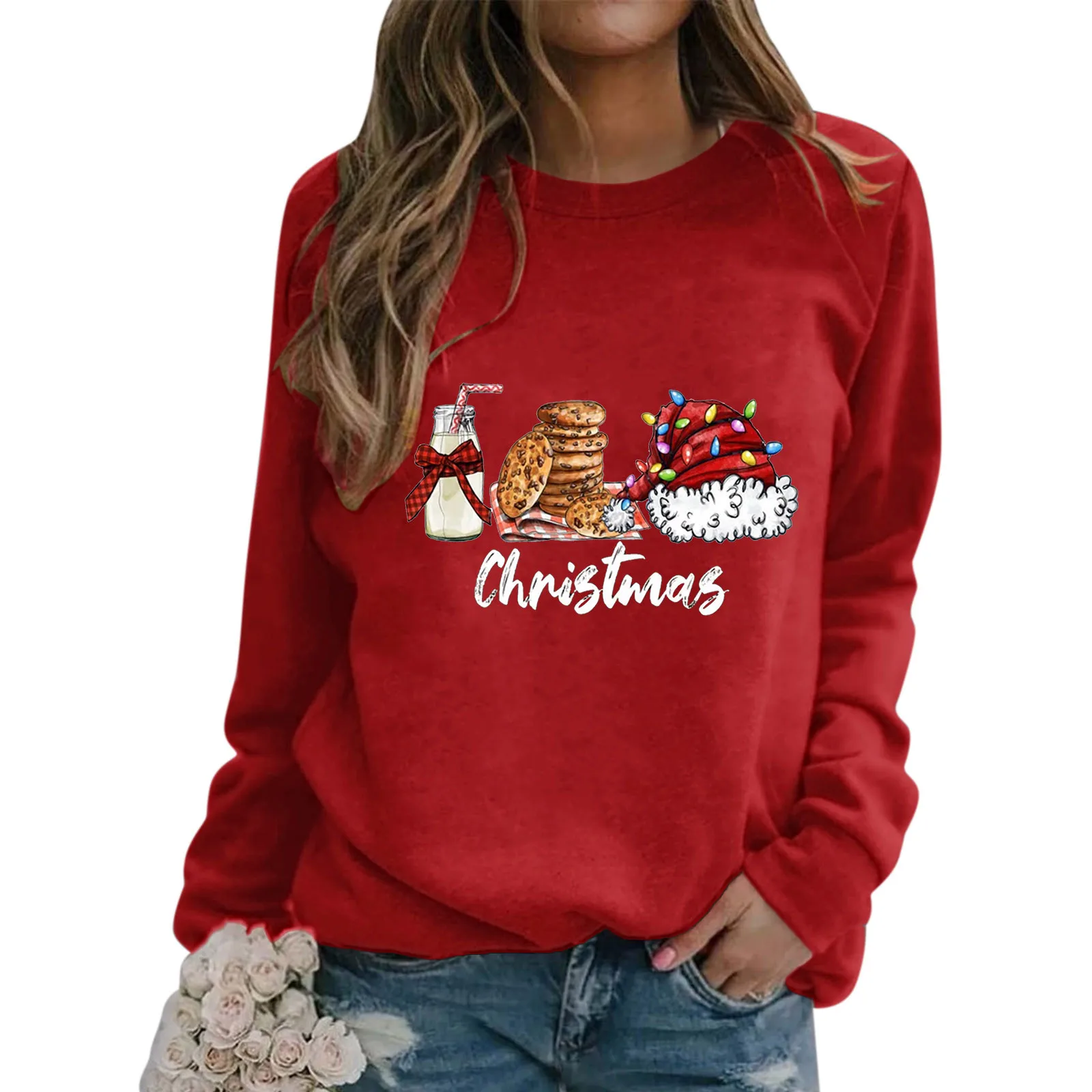 

Укороченный свитер, Модный свитшот для женщин, свитшот с рождественским принтом и круглым вырезом, облегающий пуловер с круглым вырезом, же...