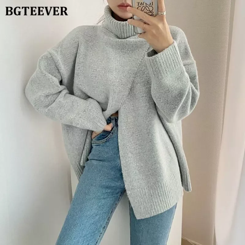 

NEW 2023 Elegant Solid Turtleneck Sweaters for Women Casual Long Sleeve Front Split Female Knitted Pullovers 2023 Autumn Winter