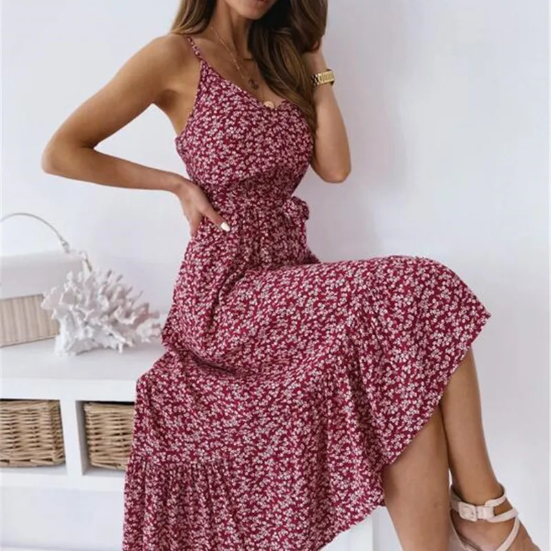 

Fashion Sleeveless Backless Floral Maxi Dress Woman 2022 Summer Spaghetti Strap Boho Elegant Casual Long Dresses For Women
