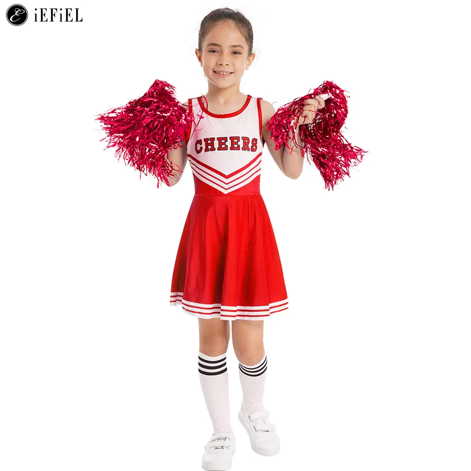 

High Schoolgirls Cheer Leader Uniform Dance Cheerleading Dress Outfit with Stockings 2 Pom Poms Halloween Cosplay Costume