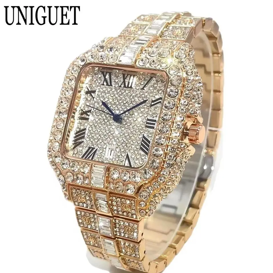 Фото UNIGUET модные часы для мужчин, роскошные розовые квадратные кварцевые часы Iced Out, мужские ювелирные часы в стиле хип-хоп с бриллиантами, наручные часы Reloj HombreU №2