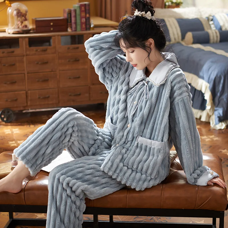 New Fashion Women Girl's Flannel Pajamas Set Pyjama For Winter Thermal Homewear Sleepwear Nightwear Set Sleeping Clothing