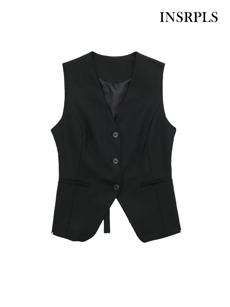 

INSRPLS Women Fashion Back Open With Tap Waistcoat Vintage V Neck Sleeveless Female Outerwear Chic Vest Tops