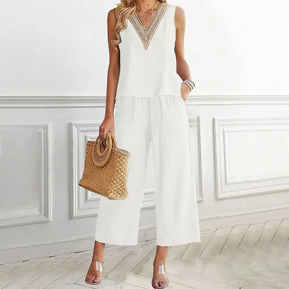 

2Pcs/Set Women V-Neck Lace Stitching Vest Wide Leg Long Pants Solid Color Loose Fit Thin Casual Outfit Streetwear