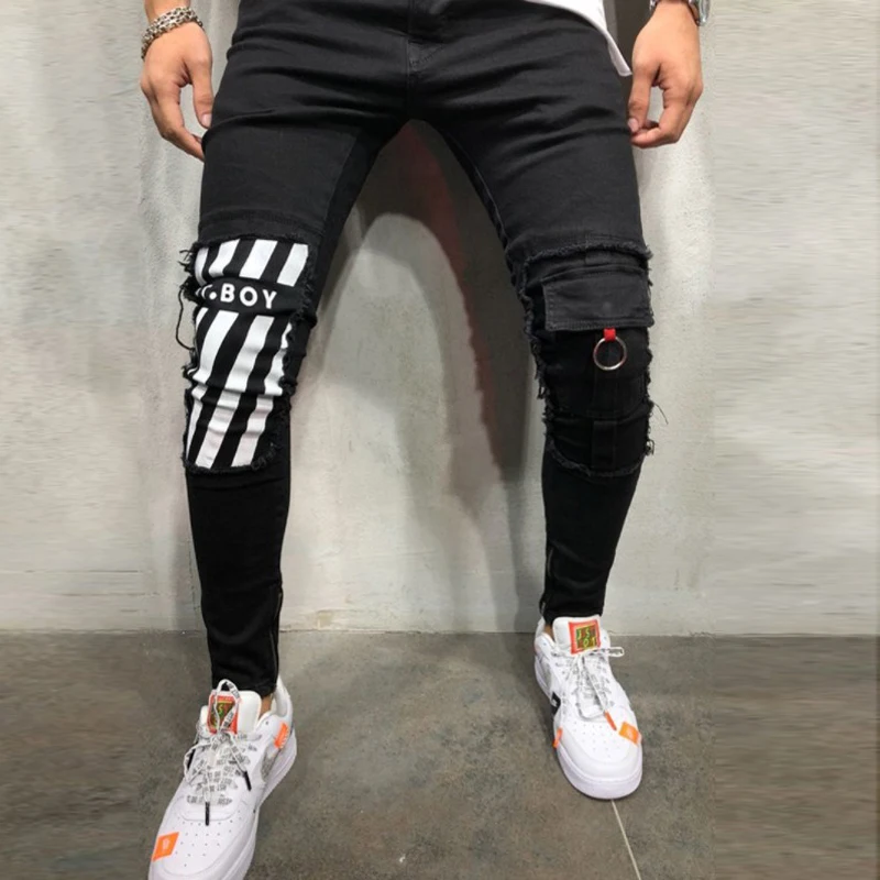 

Mens Cool Designer Brand Pencil Jeans Skinny Ripped Destroyed Stretch Slim Fit Hop Hop Pants With Holes For Men Printed Jeans