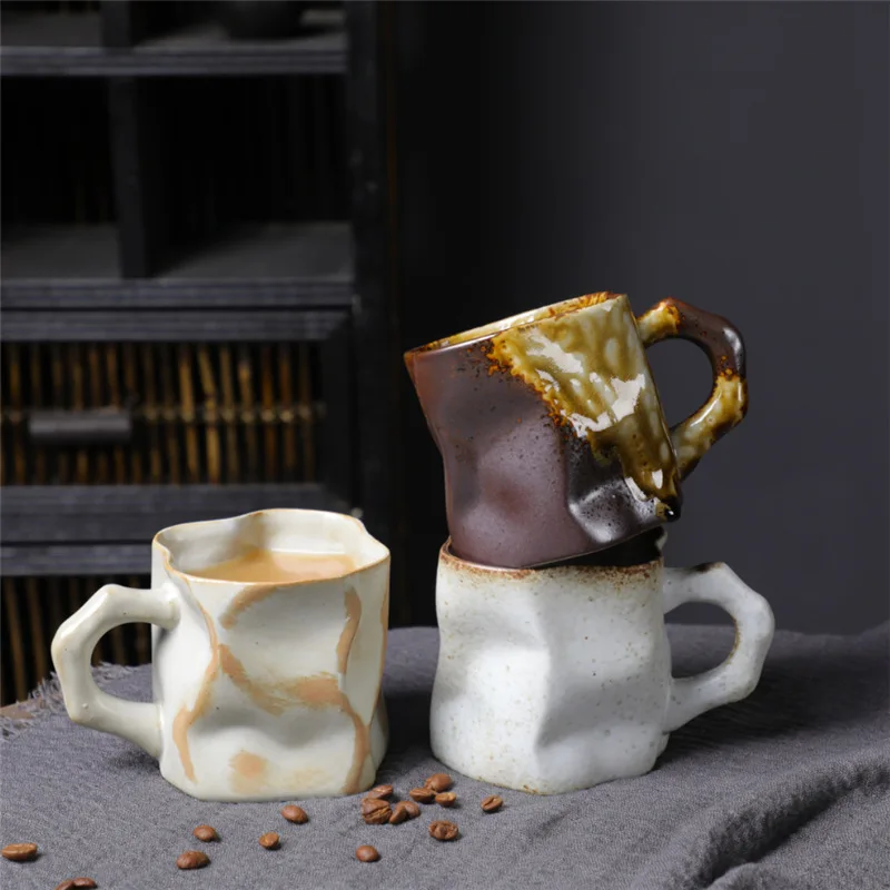 

Керамические чайные чашки неправильной формы с ручкой, Ретро посуда для напитков, кружка для молока и кофе, домашняя кухня, креативные керамические кружки, кофейная чашка в стиле ретро