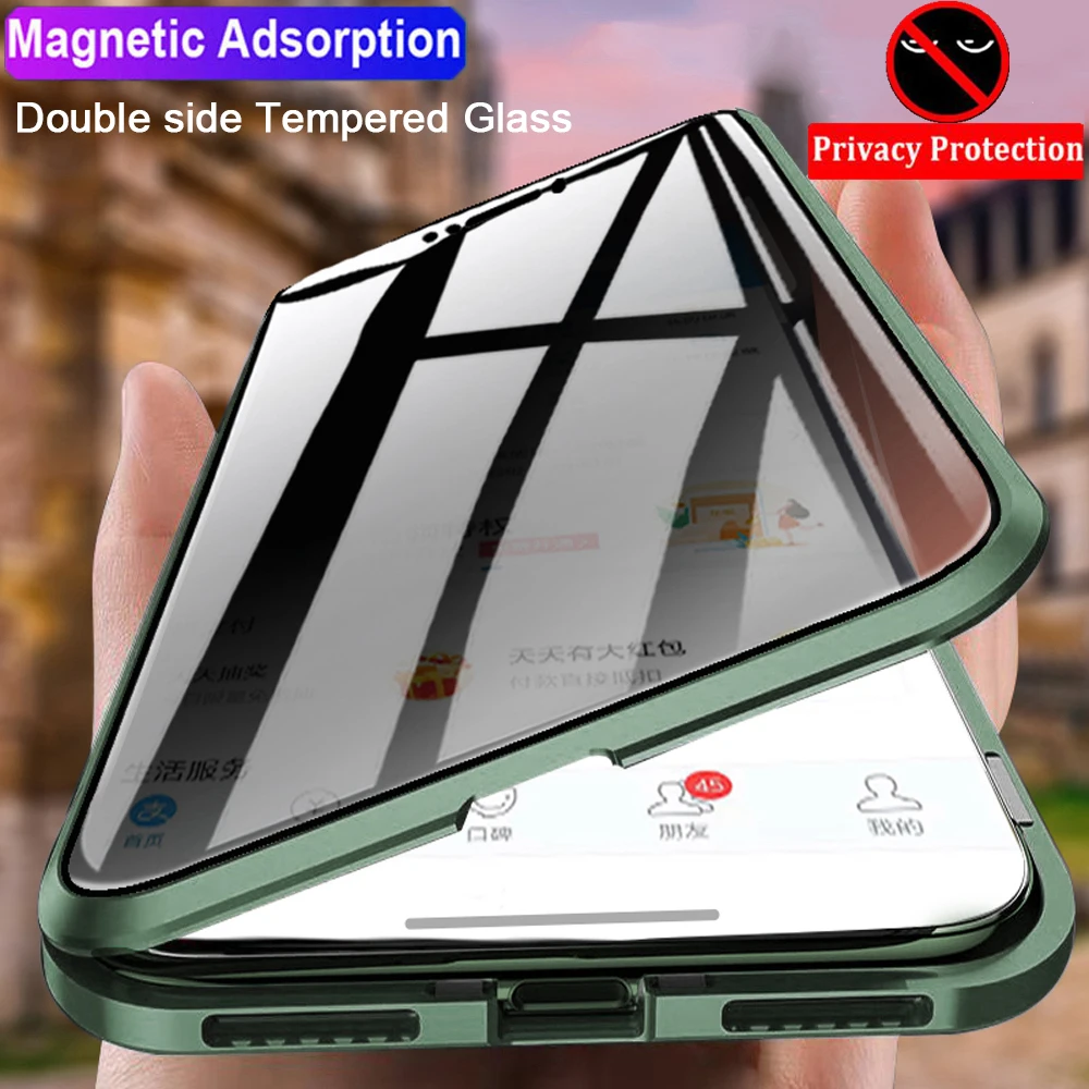 

Magnetic Tempered Glass Privacy Metal Case For iPhone 13 12 11 Pro XR XS MAX X 8 7 SE 2020 Magnet Antispy Protective Cover