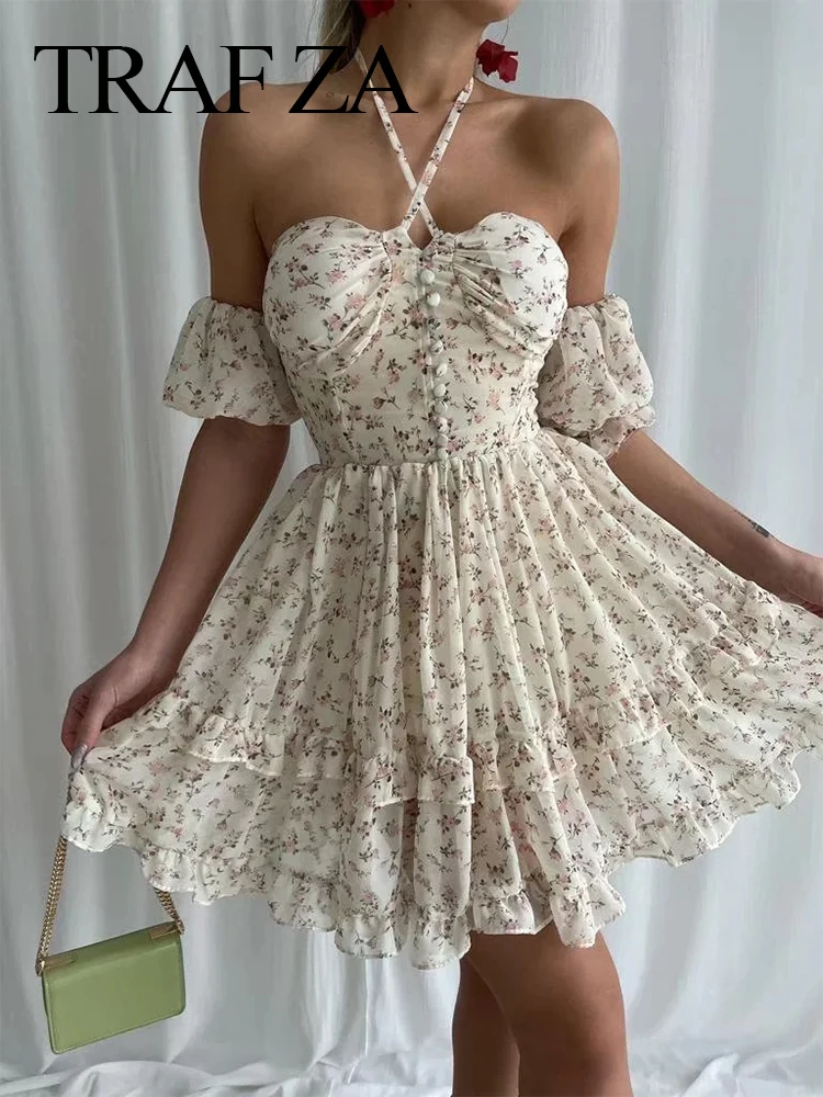 TRAF ZA Sweet Sexy One-shoulder Floral Dress Tube Top Tie  Buttton Open Back Large Swing Puff Skirt Double Lace Chiffon Dress