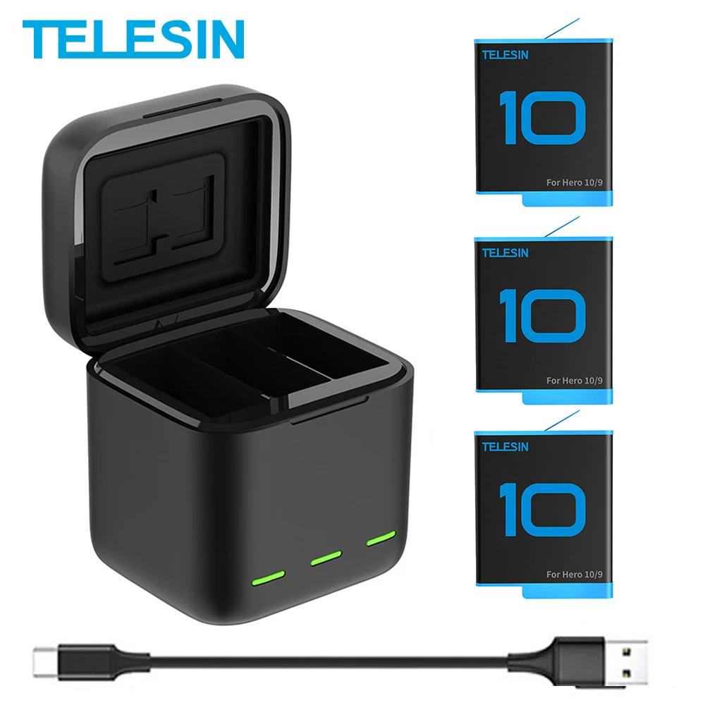Зарядное устройство TELESIN для GoPro 9 10, аккумулятор 1750 мАч со светодиодсветильник кой, зарядное устройство с картой памяти TF для телефона 10, акс...