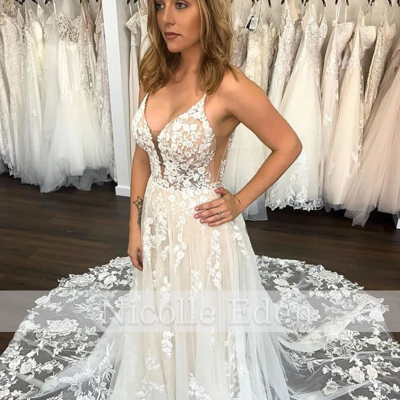

Nicolle Eden V-neck Sexy Floor-length Custom Made Wedding Dress 2022 Princess Romantic Lace Applique Robe De Soirée Vestidos