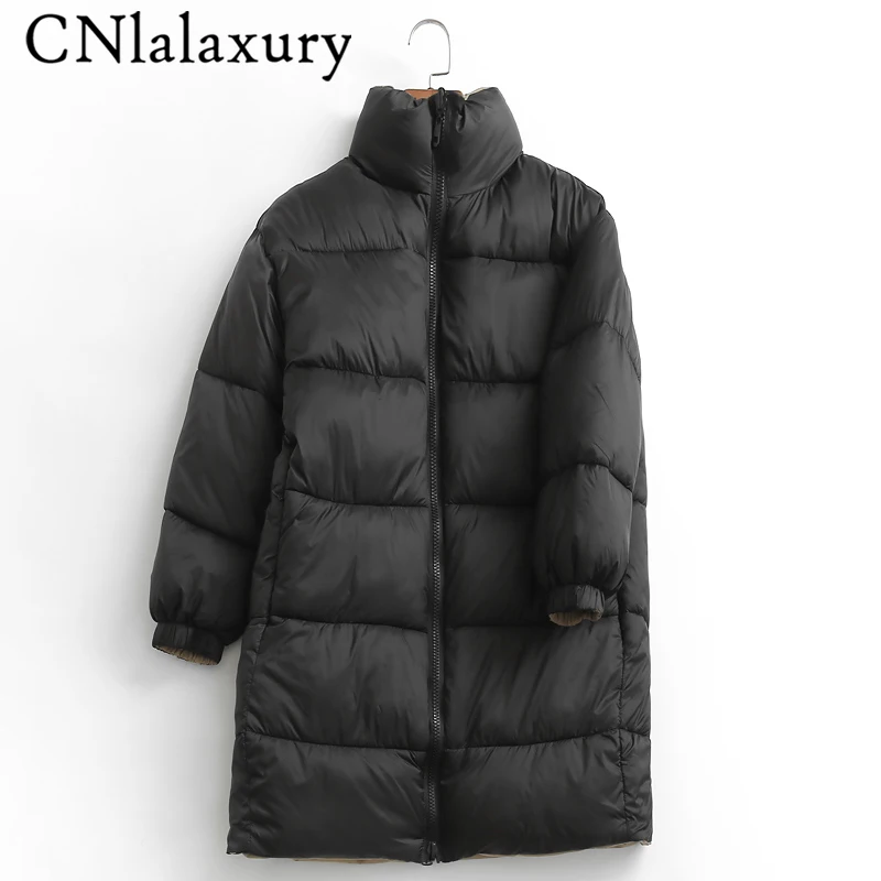 CNlalaxury Autumn Winter Woman Black Reversible Jacket Casual Warm Long Sleeve Stand Collar Outerwear Zip Pocket Jackets Loose