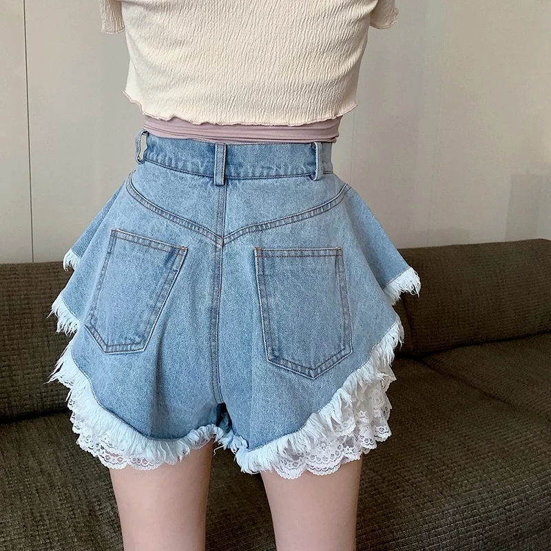 Summer Women's Beach Resort Bohemia Short Jeans Female Decals High Waist Lace Hot Shorts Hole Washed Denim Shorts Female Fashion