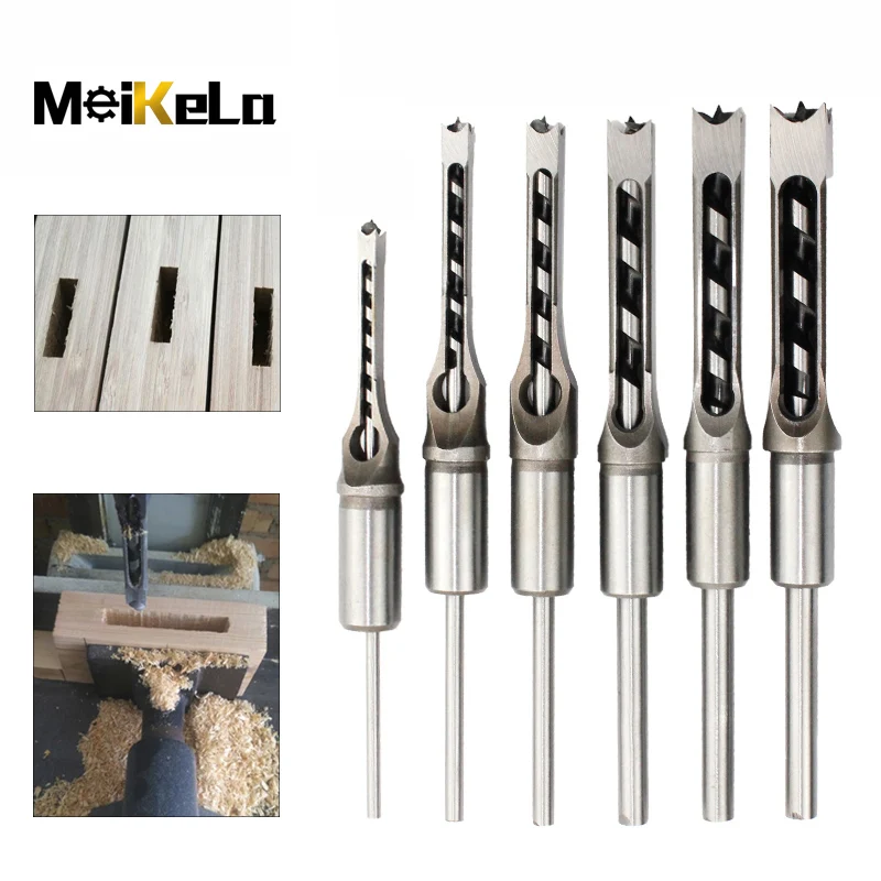 6PCS HSS Twist Drill Bits Square Auger Mortising Chisel Drill Set Square Hole Woodworking Drill Tools Kit Set Extended Saw