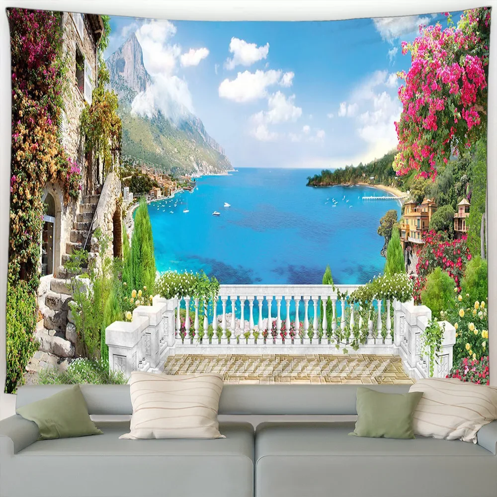 

Приморский пейзаж, гобелен, розовые цветы, растения, деревья, европейский стиль, океанский пейзаж, сад, настенное украшение для дома, гостиной