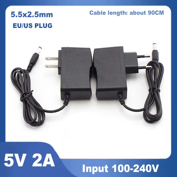 LED Light Charger AC 110-240V to DC 5V 2A Power Supply Adapter 5.5x2.5mm Converter for CCTV Camera Security