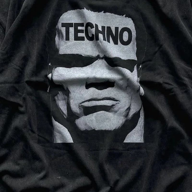 Arnodefrance Loose Shirt Hip Hop Punk Vintage Square Face Print Washed Do Old Illustrated Round Neck Casual T-shirt