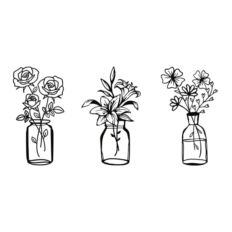 

3pcs Metal Flower Wall Decor Flower Vase Wall Art Black Wire Iron Decor Floral Wall Sculpture for Kitchen Bathroom M76D