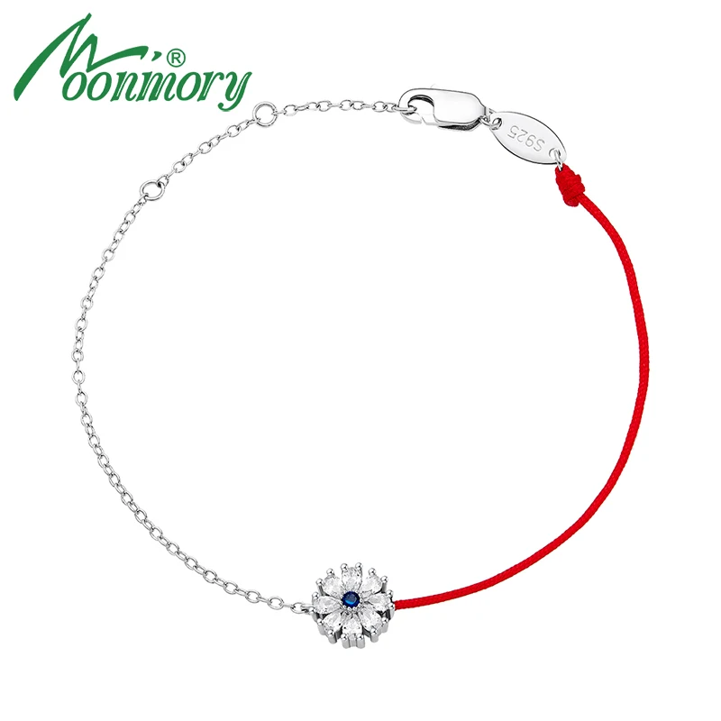 

Оригинальный браслет Moonmory из серебра 925 пробы, полуцветочный браслет на удачу с Красной веревкой 0,8 мм, Милый Цветочный браслет с цирконом, женская бижутерия, подарок