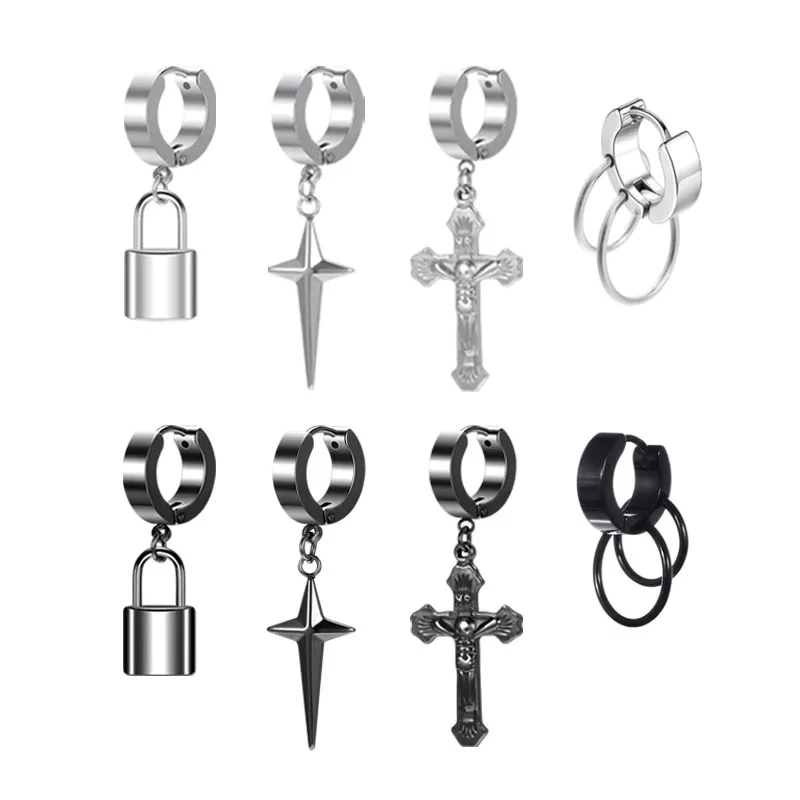 

Punk Cross Drop Earrings for Men woman Stainless Steel Hoop Dangle Cartilage Earrings Gothic Hip Hop Circle Round Earring