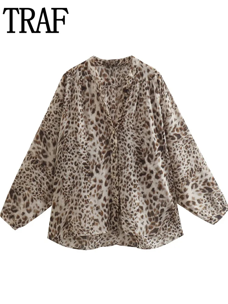 

Женская рубашка с леопардовым принтом, с воротником и длинным рукавом