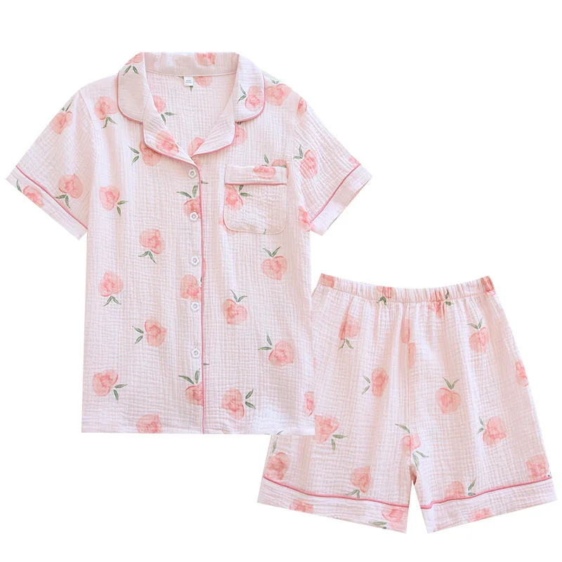 Sweet Summer Crepe Cotton Pajama Set For Women Sleepwear Soft Pyjamas Short Sleeve Homewear Nightwear For Ladies