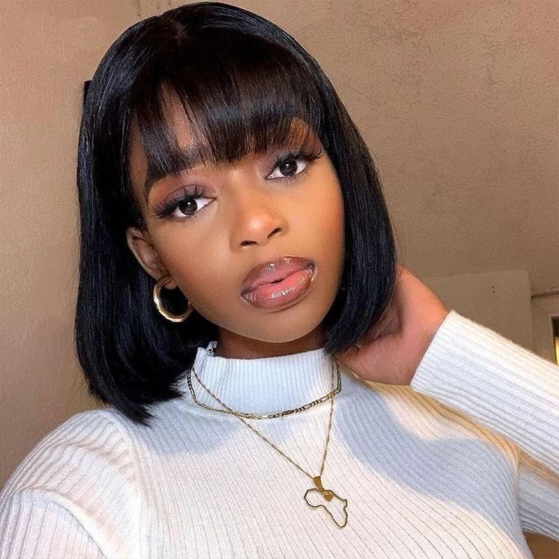 

Natural Black Straight Salon Wigs Short Straight Bob Wig With Bangs Human Hair Glueless Wig Full Machine Made Human Hair Wigs