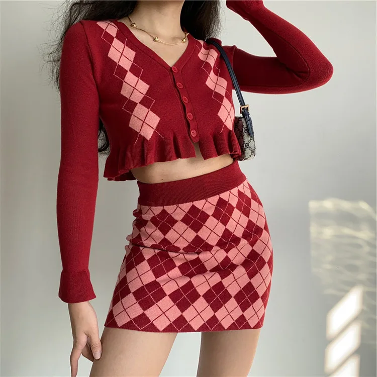 

England Style Plaid Knite Ruffles Patchwork Women Dress 2 Pcs/Set Full Sleeves Hip Hop Lady Bandage Sheath Mini Dresses